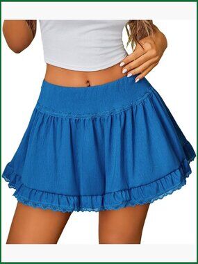 Polyester Mini Skirt with Ruffle Hem and Lace Trim